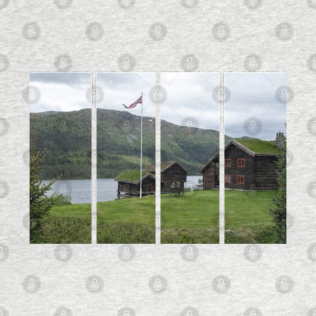 Wonderful landscapes in Norway. Vestland. Beautiful scenery of houses with grass roof. Norwegian traditional architecture Mountains, trees and snow in background. Cloudy day by fabbroni-art